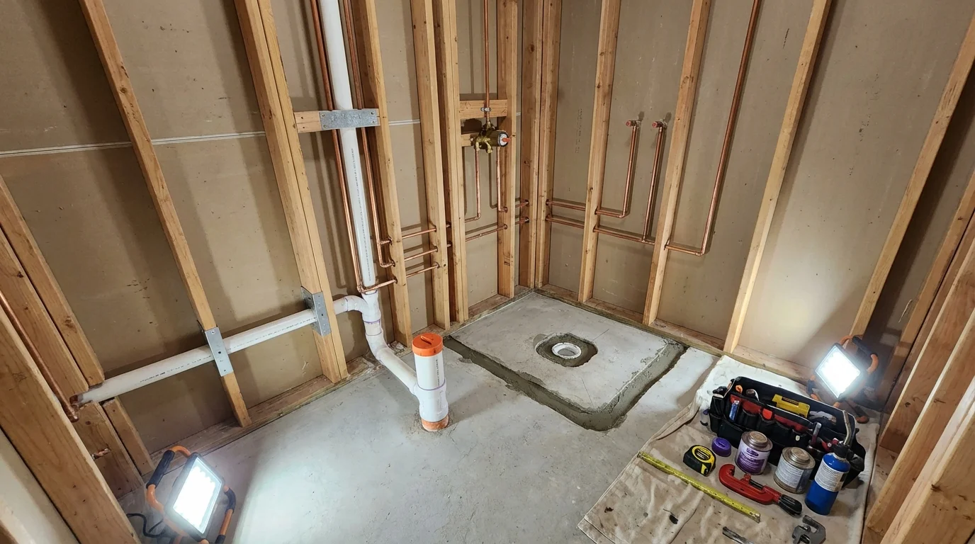 Bathroom rough-in plumbing during remodel by Johns Plumbing LLC in Middleport