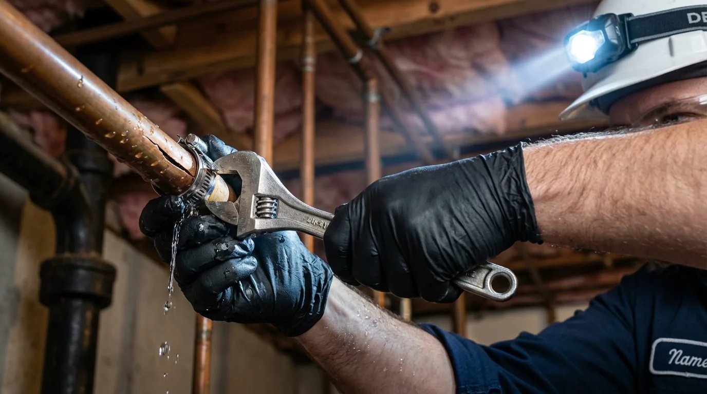 Emergency pipe clamp repair being performed by a Johns Plumbing LLC plumber in Middleport