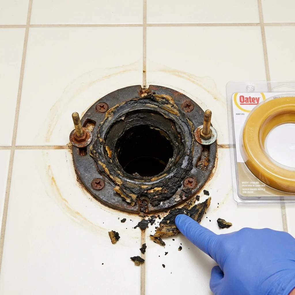 Failed wax ring showing water seepage at the base of a toilet in a Middleport, OH home