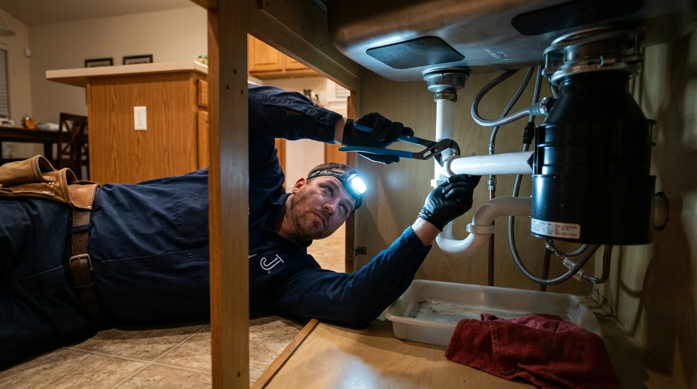 P-trap and supply line connections under a kitchen sink showing a common leak point in Middleport, OH
